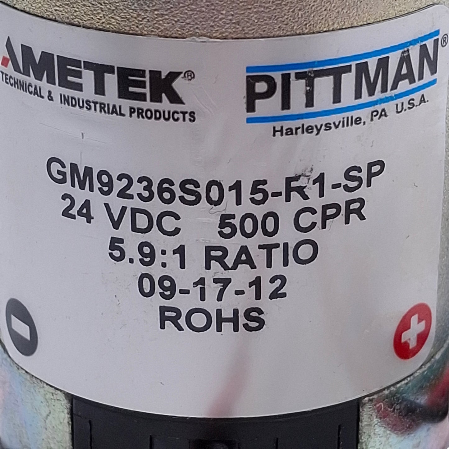 Used Ametek GM9236S015-R1-SP DC Gearmotor 24VDC, 9.6A, 669RPM, 6.49oz-in/A, ø6.34"