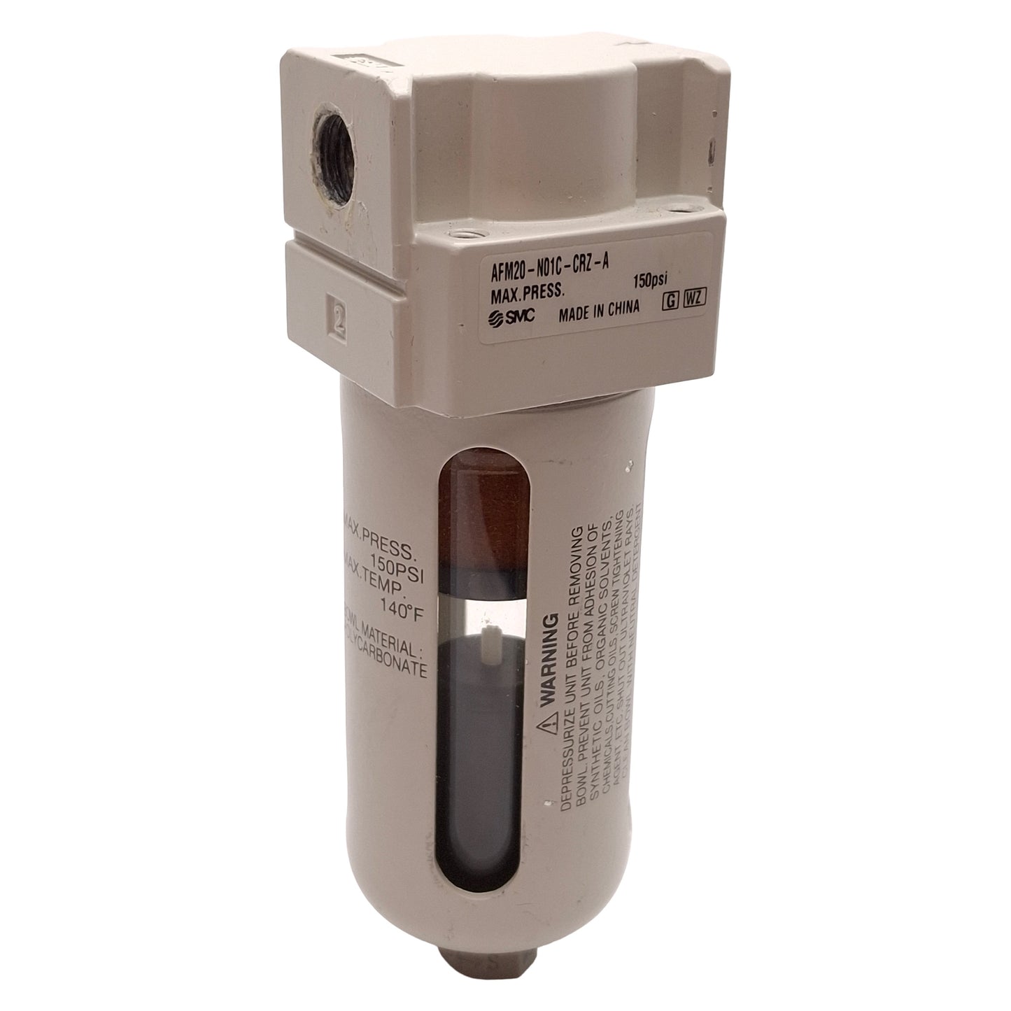 Used SMC AFM20-N01C-CRZ-A Mist Separator 0.3µm Filtration, 150psi, Auto Drain, 1/8NPT