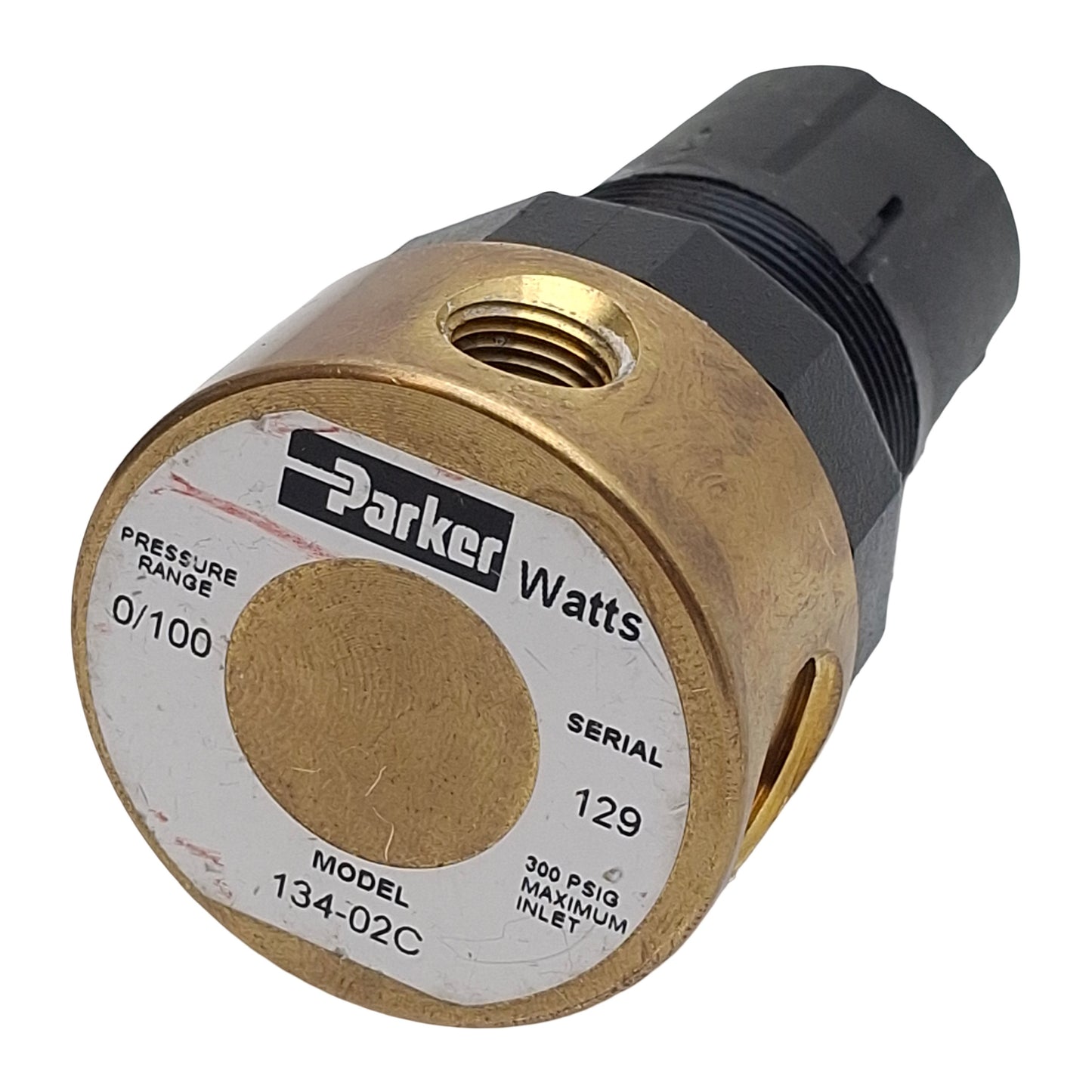 Used Parker 134-02C Brass Relief Valve 300psi Max In, 0-100psi Set, 1/8in x 1/4in NPT