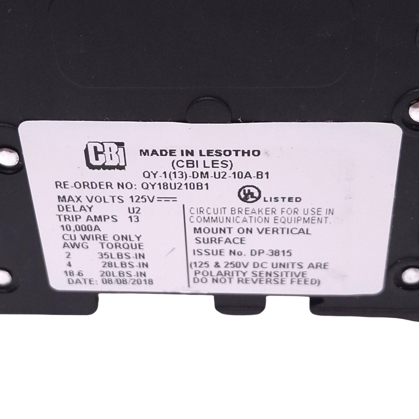 Used CBI QY-1(13)-DM-U2-10A-B1 QY18U210B1 Circuit Breaker, 1-Pole, 10A, 125VDC Max