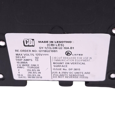 Used CBI QY-1(13)-DM-U2-10A-B1 QY18U210B1 Circuit Breaker, 1-Pole, 10A, 125VDC Max