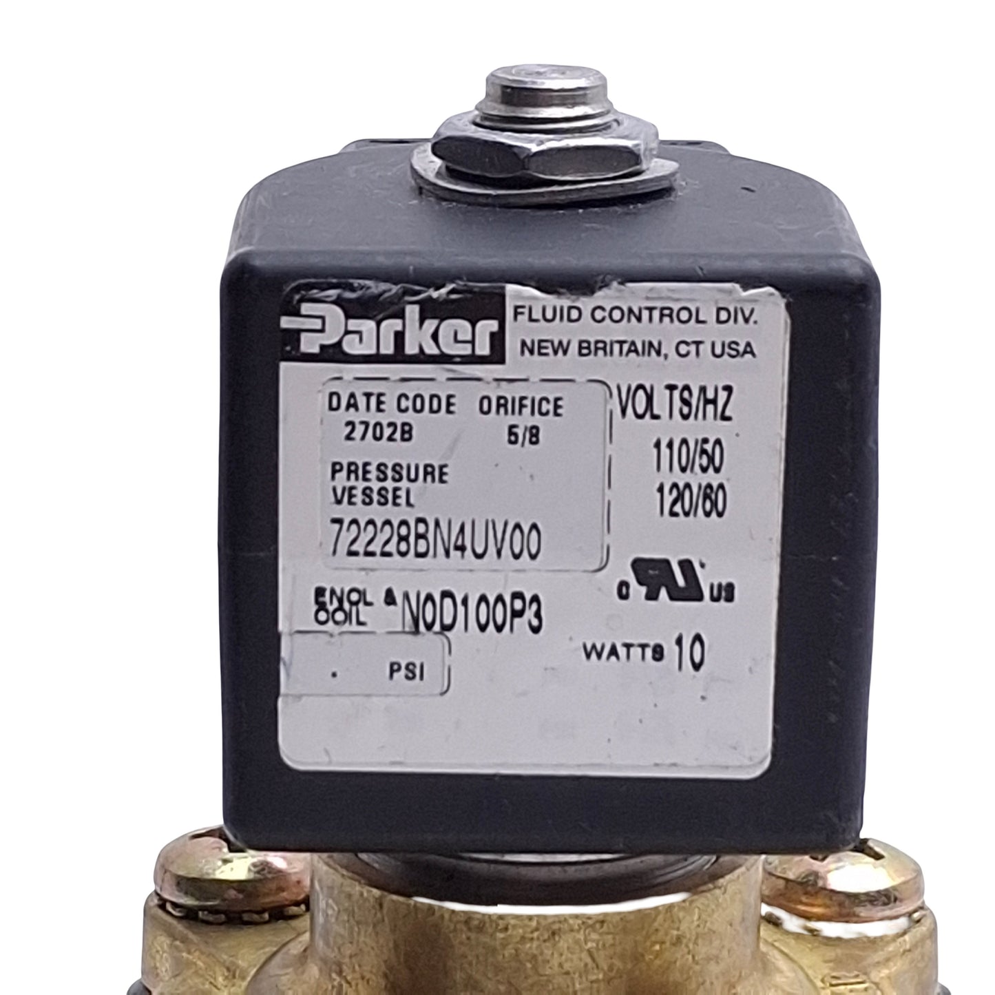 Used Parker 72228BN4UV00 Solenoid Valve, 2-Way Normally Open, 1/2in NPT, 120VAC Coil