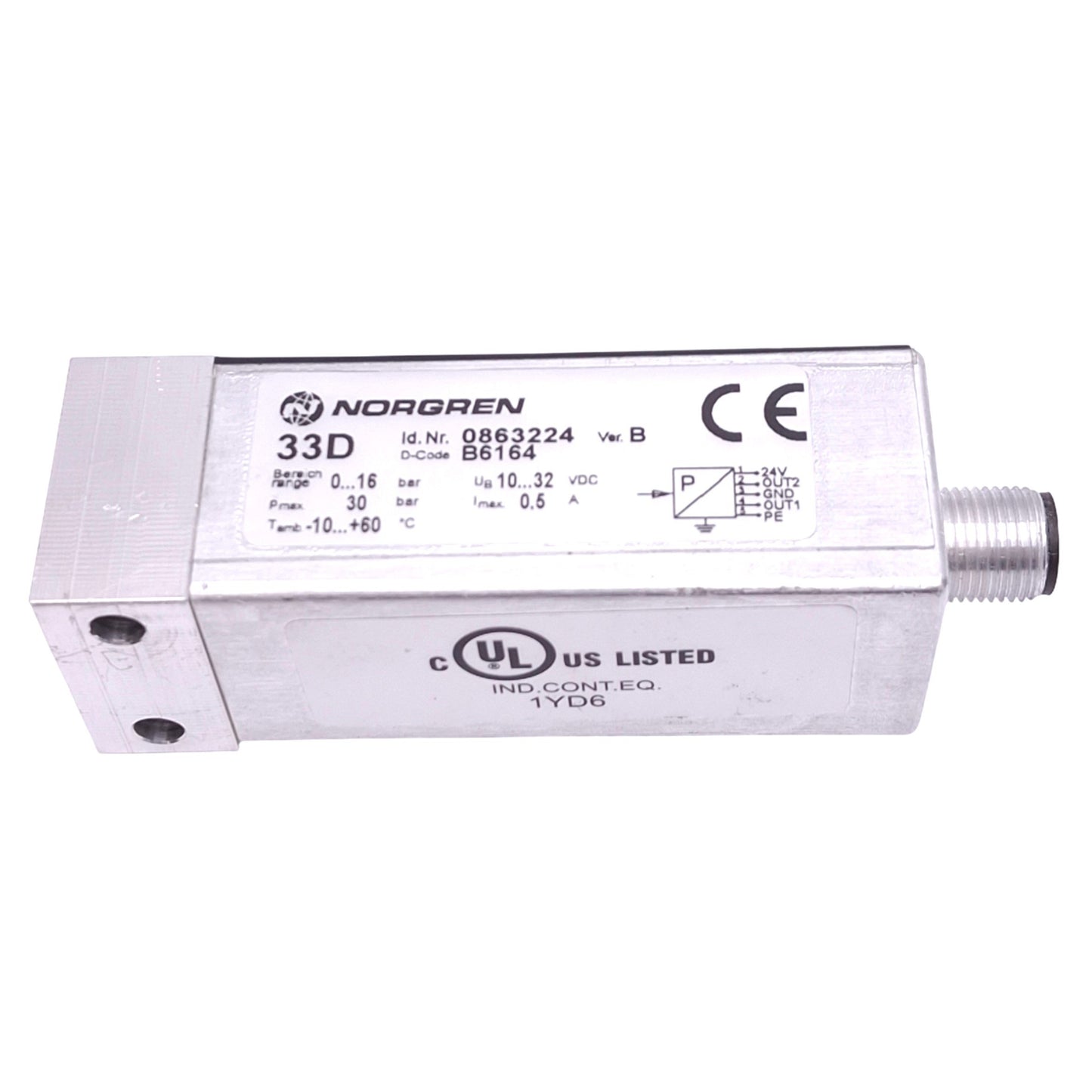 Used Norgren 0863224 Pressure Switch, 0-16bar Range, 30bar Max, 10-32VDC, 1/4in NPT