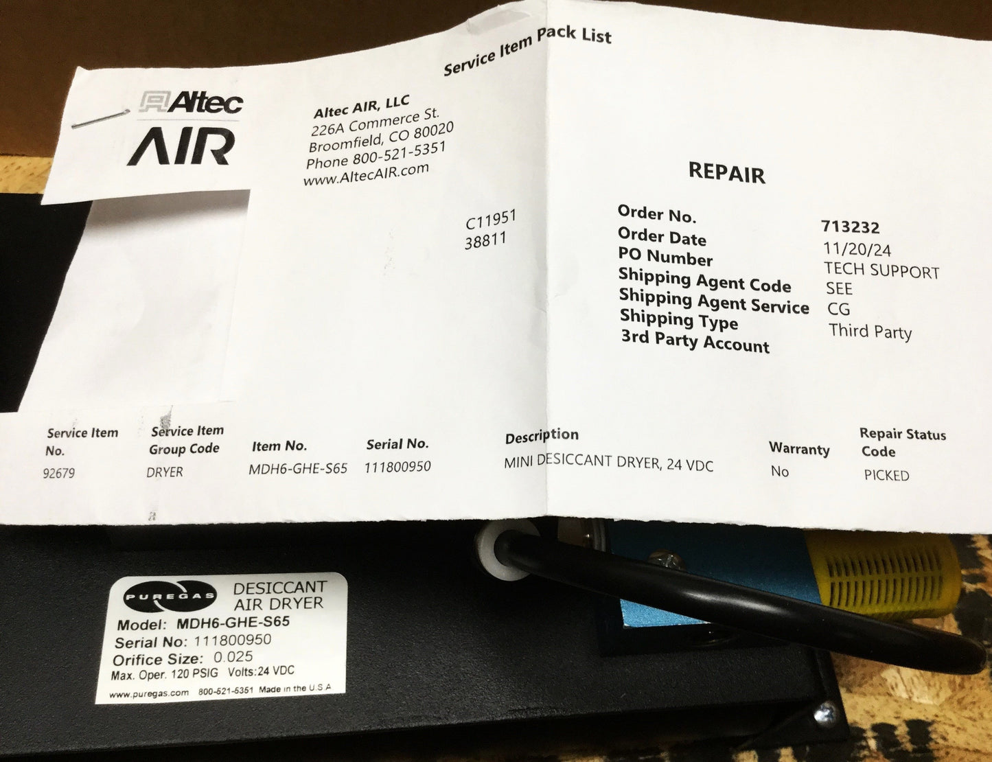 Used Puregas Altec MDH6-GHE-S65 Miniature Compressed Desiccant Air Dryer 24VDC 120psi