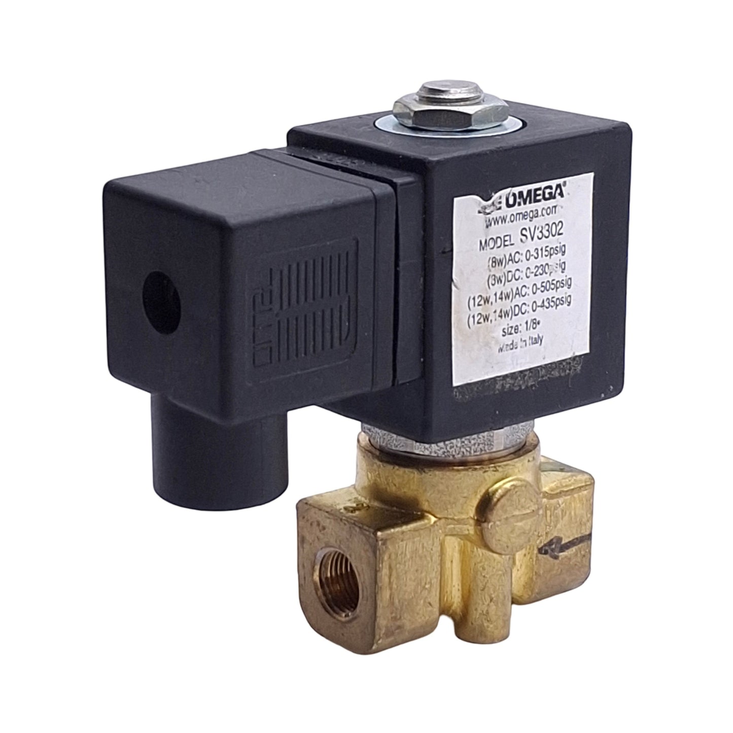 Used Omega Engineering SV3302 Solenoid Valve, 2-Way NC, 1/8in NPT, 110/120VAC Coil