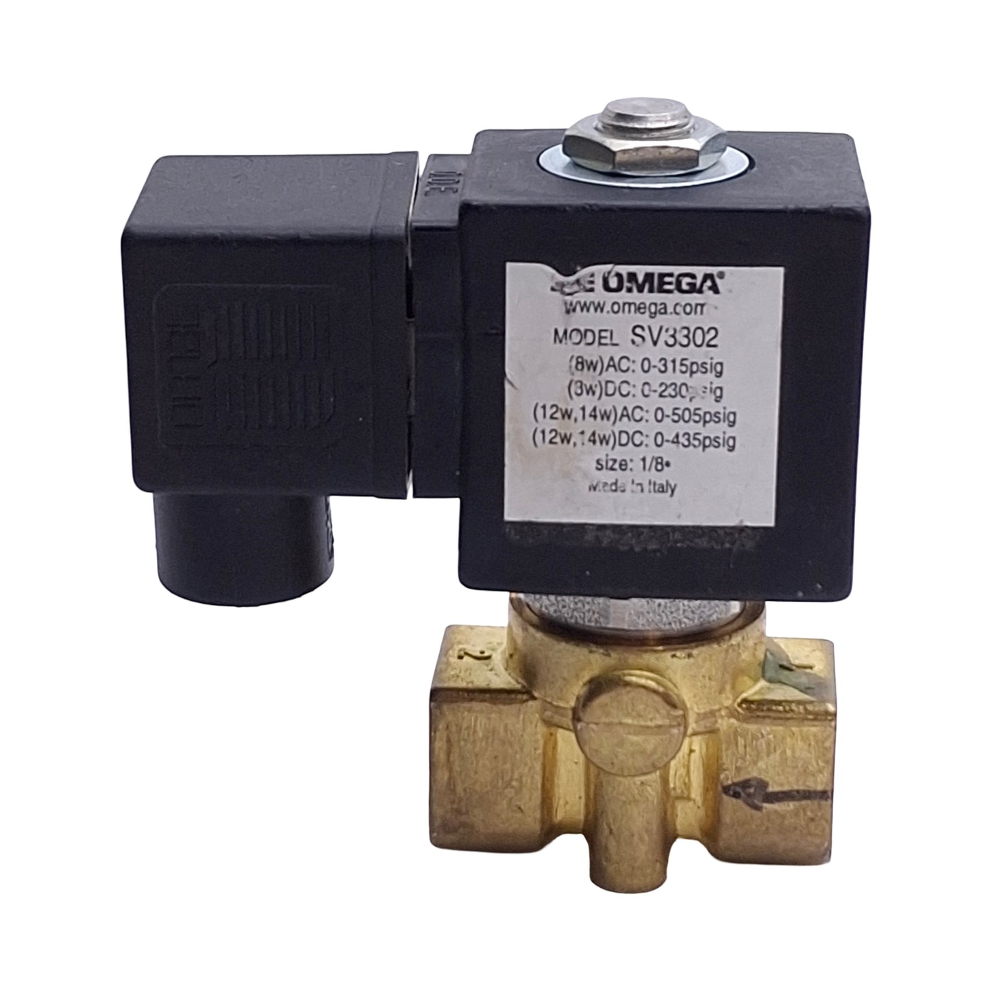 Used Omega Engineering SV3302 Solenoid Valve, 2-Way NC, 1/8in NPT, 110/120VAC Coil