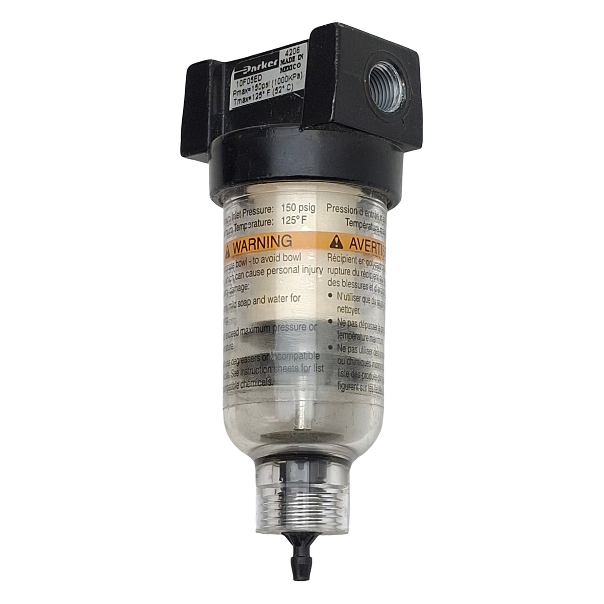 Used Parker 10F05ED Coalescing Filter, 1/8in NPT, 150psi, 17scfm, 6µm Filtration