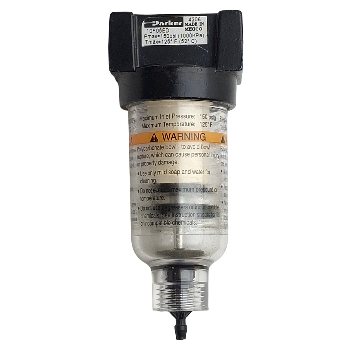 Used Parker 10F05ED Coalescing Filter, 1/8in NPT, 150psi, 17scfm, 6µm Filtration