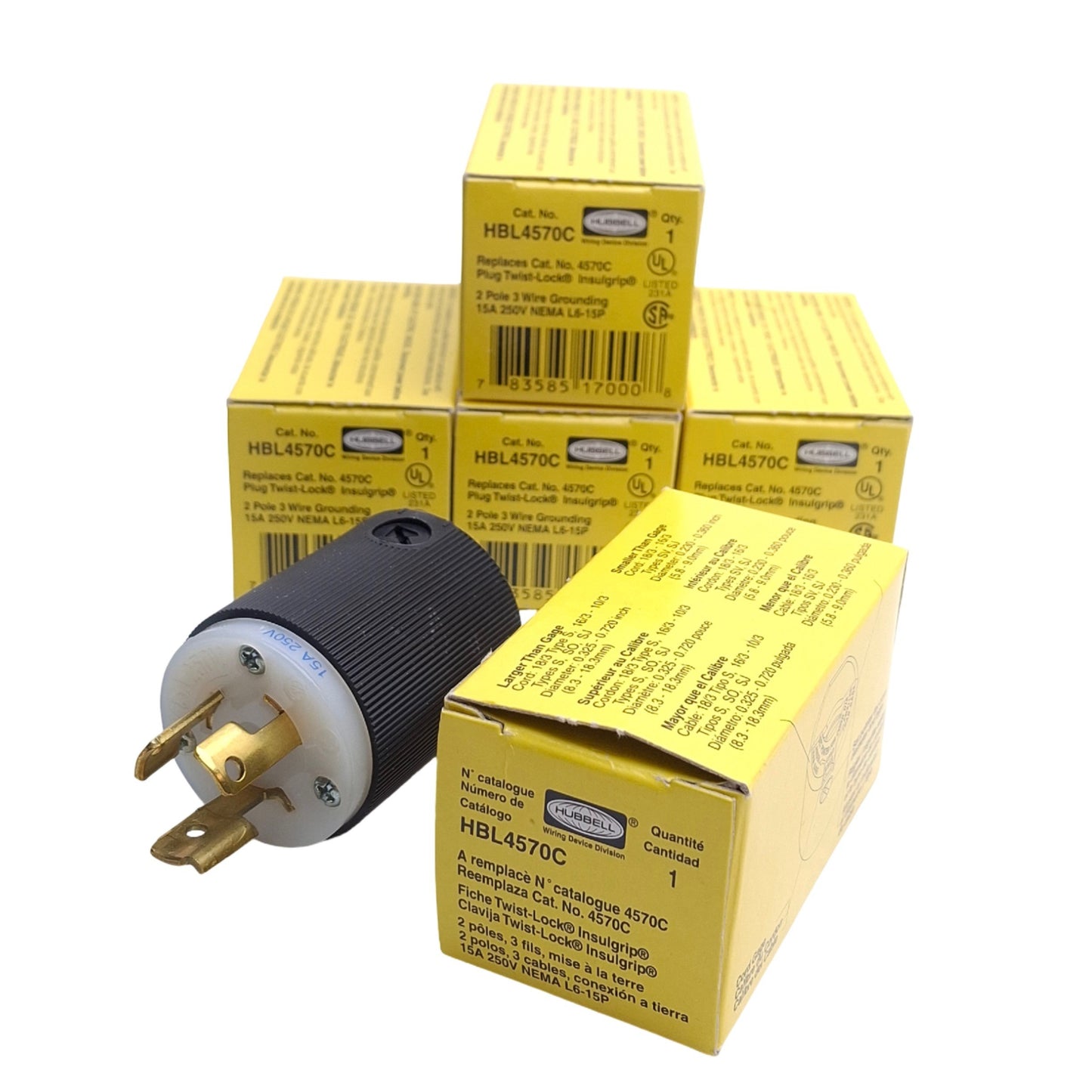 New Lot of 5 Hubbell HBL4570C Twist-Lock Plug Connectors 250VAC 15A, L6-15P, 2P 3W