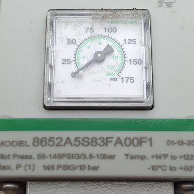 Used Asco 8652A5S83FA00F1 Pneumatic Solenoid Valve, 145psi Max, 3/8in NPT, 24VDC Coil