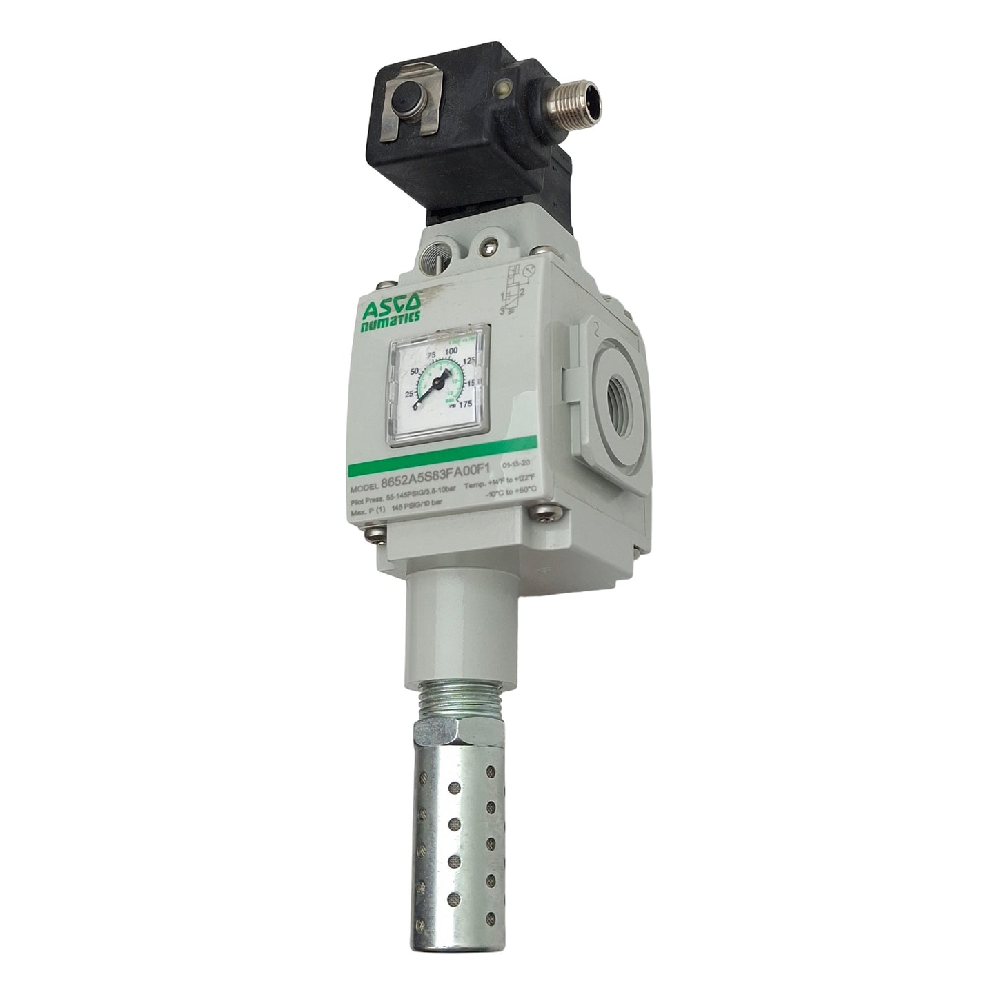 Used Asco 8652A5S83FA00F1 Pneumatic Solenoid Valve, 145psi Max, 3/8in NPT, 24VDC Coil