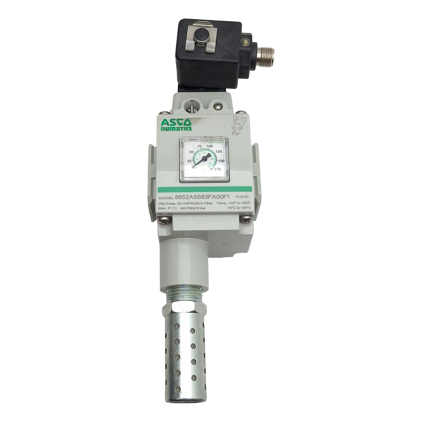 Used Asco 8652A5S83FA00F1 Pneumatic Solenoid Valve, 145psi Max, 3/8in NPT, 24VDC Coil