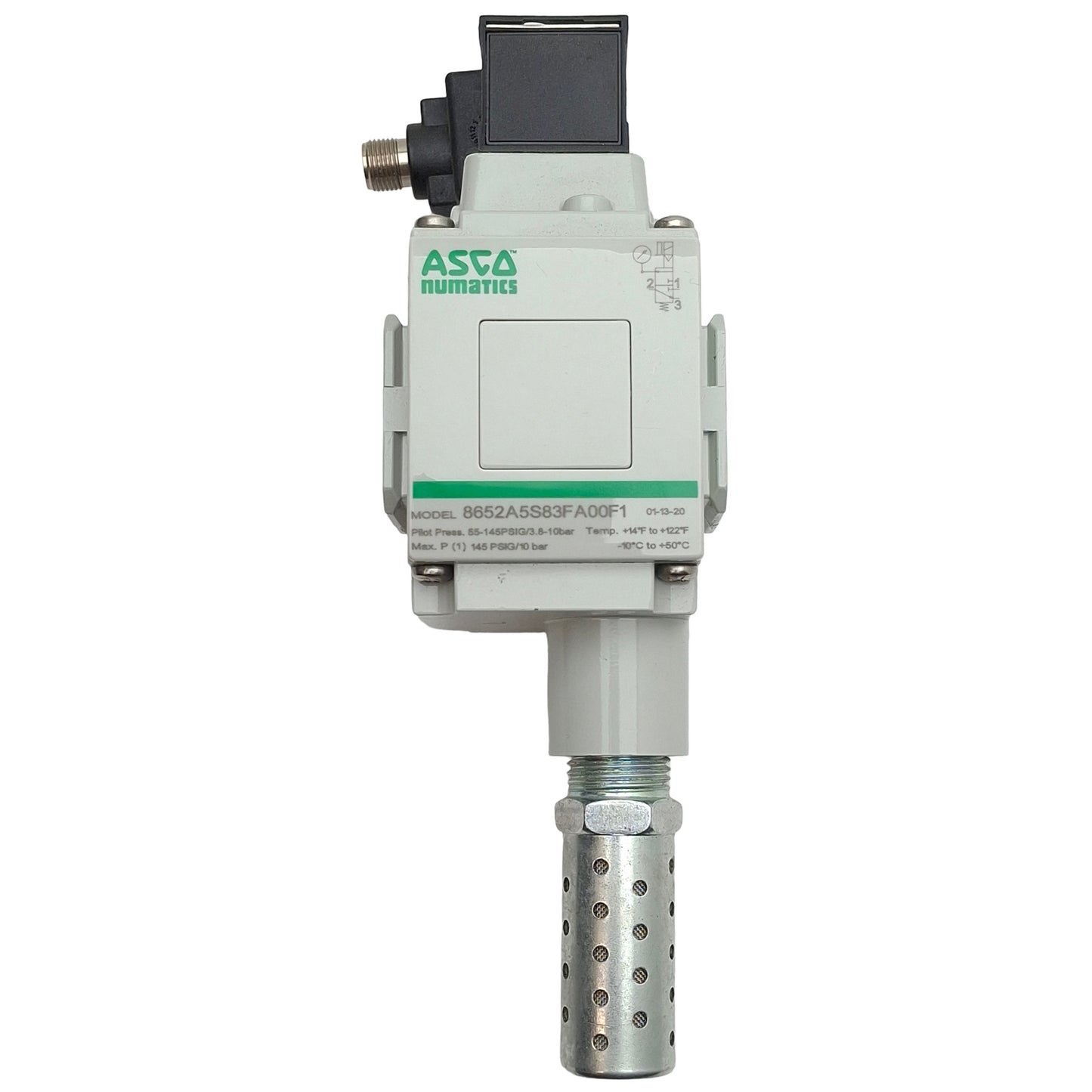 Used Asco 8652A5S83FA00F1 Pneumatic Solenoid Valve, 145psi Max, 3/8in NPT, 24VDC Coil