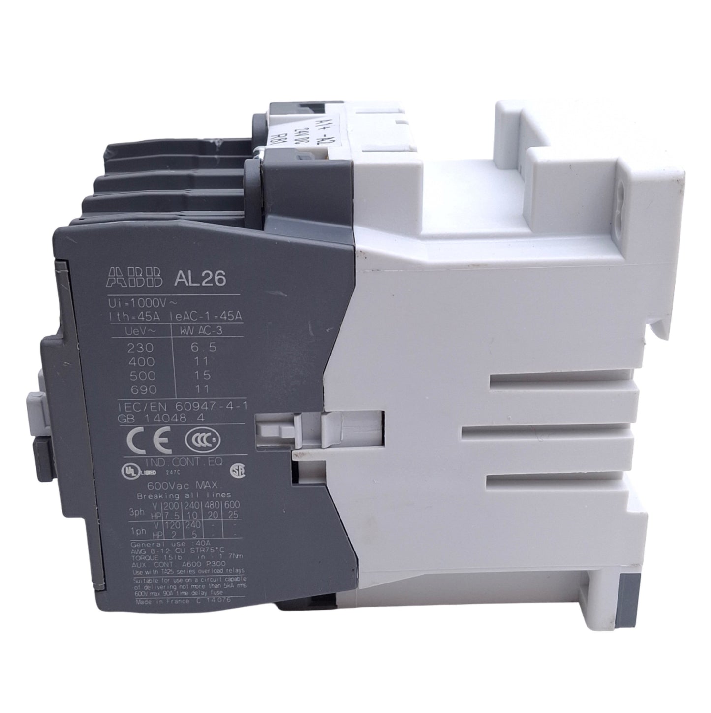 Used ABB AL26-30-10 IEC Contactor, 3-Pole 1NO Aux, 690VAC 11kW, 45A Max, 24VDC Coil