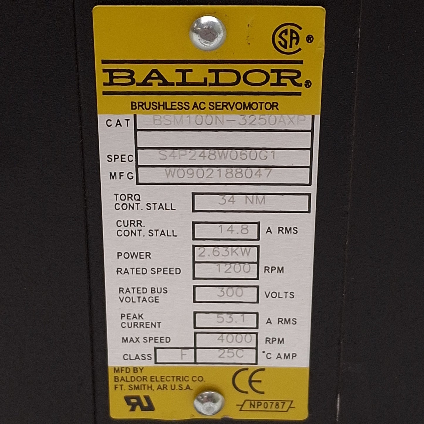 Used Baldor BSM100N-3250AXP Servo Motor, 2.63kW, 300VDC Bus, ø28mm Shaft, 1200rpm