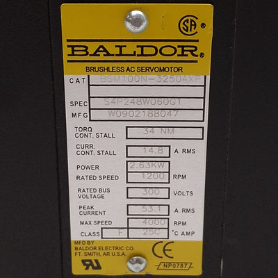 Used Baldor BSM100N-3250AXP Servo Motor, 2.63kW, 300VDC Bus, ø28mm Shaft, 1200rpm