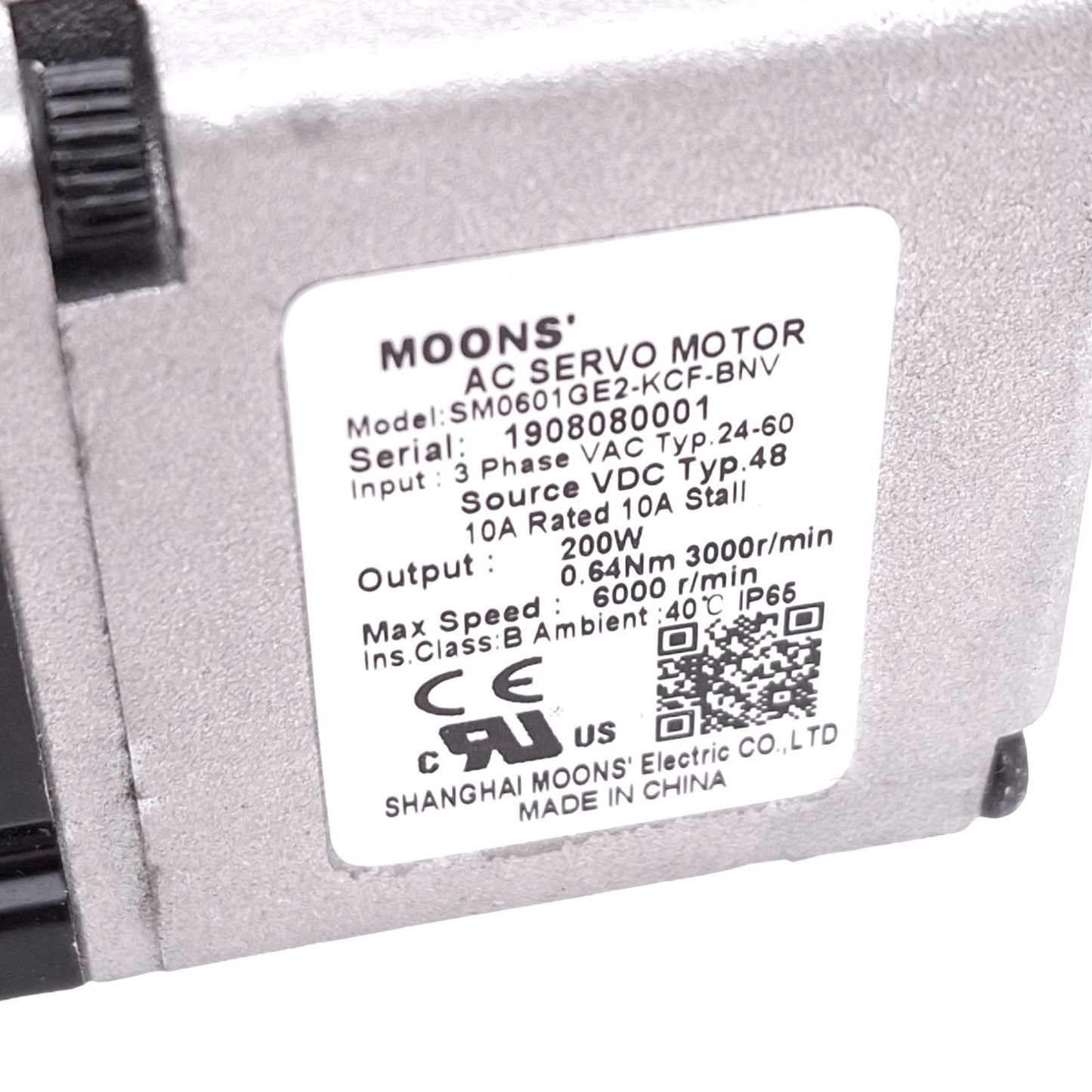 Used MOONS SM0601GE2-KCF-BNV AC Servo Motor, 3-ph 24-60VAC, 48VDC, 200W 6000rpm Max