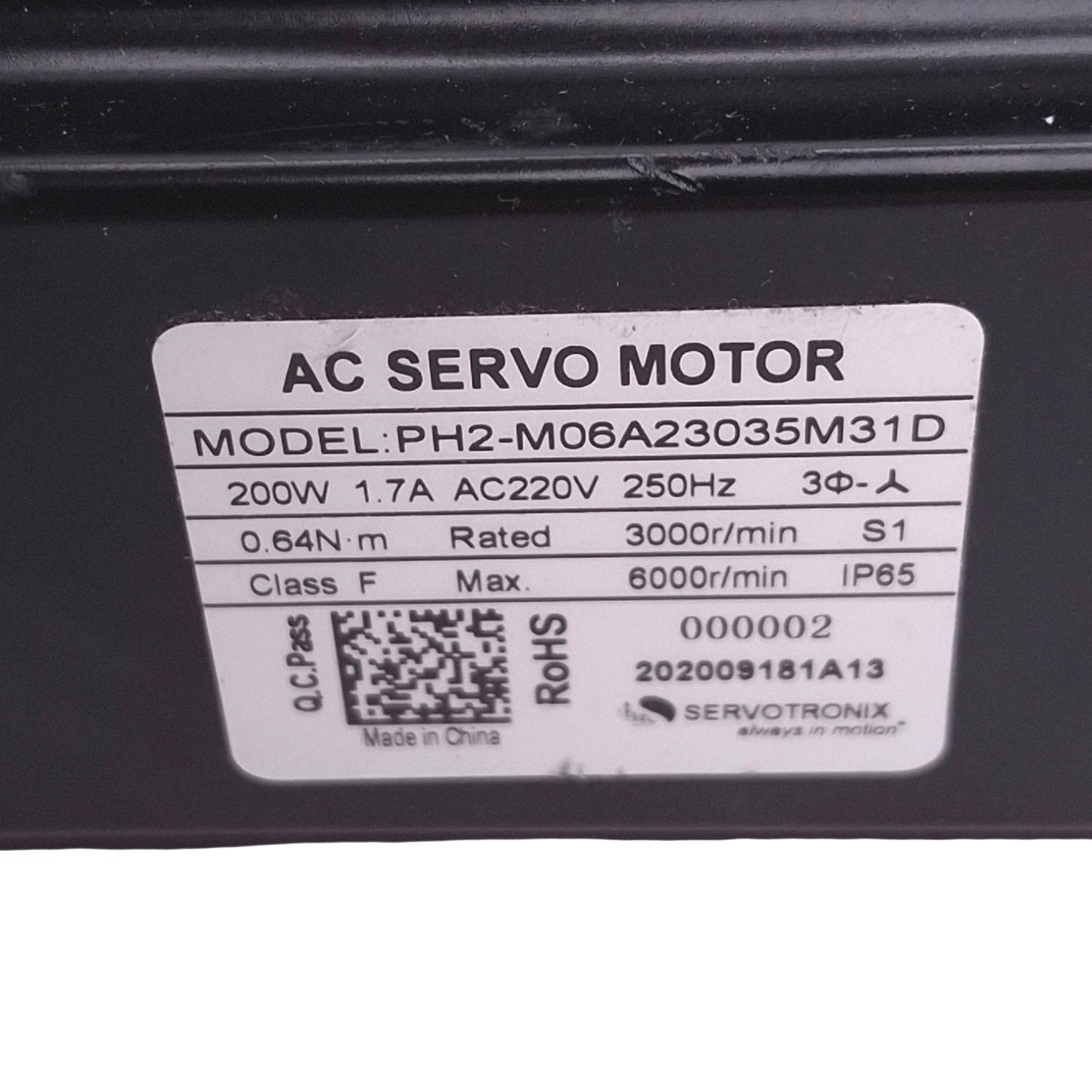 Used SERVOTRONIX PH2-M06A23035M31D AC Servo Motor, 220VAC 1.7A, 200W 6000rpm Max
