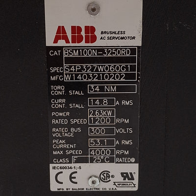 Used ABB BSM100N-3250RD Servo Motor, 2.63kW, 14.8A, 300VDC Bus, ø28mm Shaft, 1200rpm