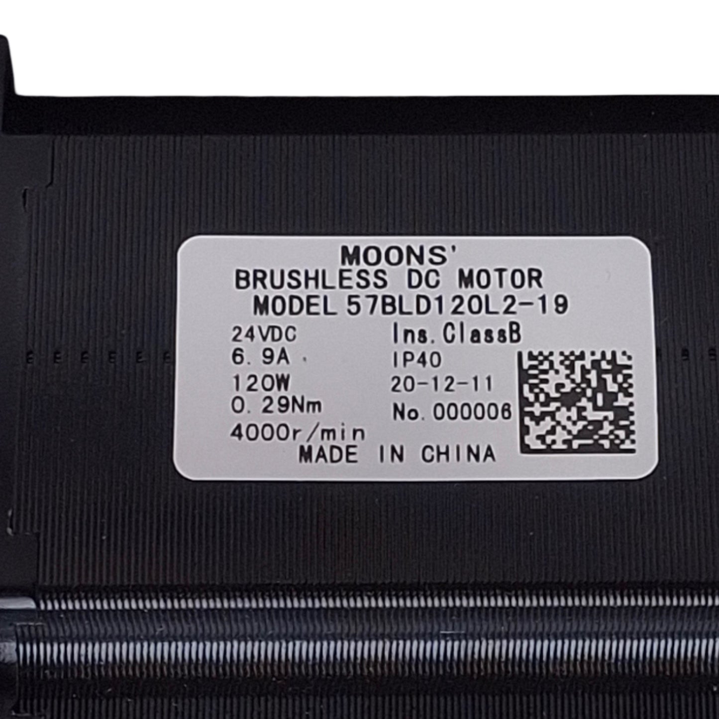 Used Moons 57BLD120L2-19 Brushless DC Motor, 24VDC 6.9A, 120W, 0.29Nm, 56mm Frame