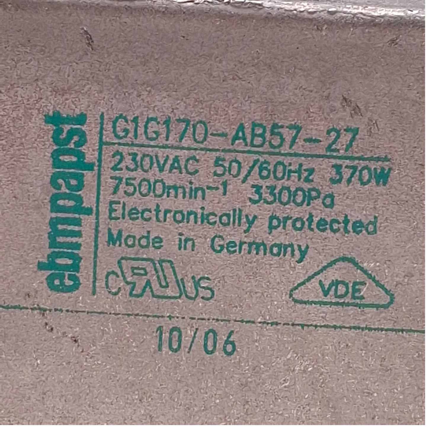 Used Ebmpapst G1G170-AB57-27 AC Combustion Air Blower 230VAC, 362CFM Flow, 370W