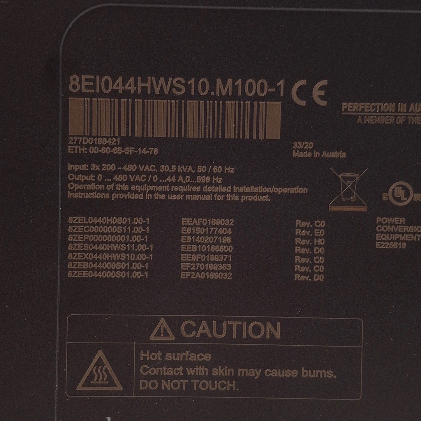 Used B&R 8EI044HWS10.M100-1 ACOPOS P3 Servo Drive 200-480VAC/24VDC In, 0-480VAC Out