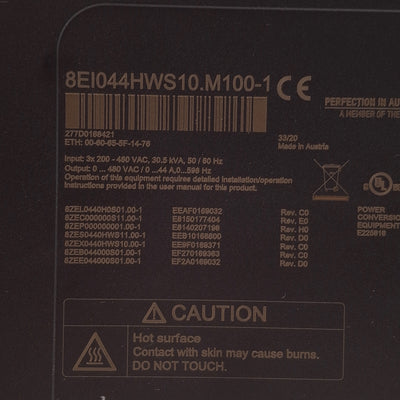 Used B&R 8EI044HWS10.M100-1 ACOPOS P3 Servo Drive 200-480VAC/24VDC In, 0-480VAC Out