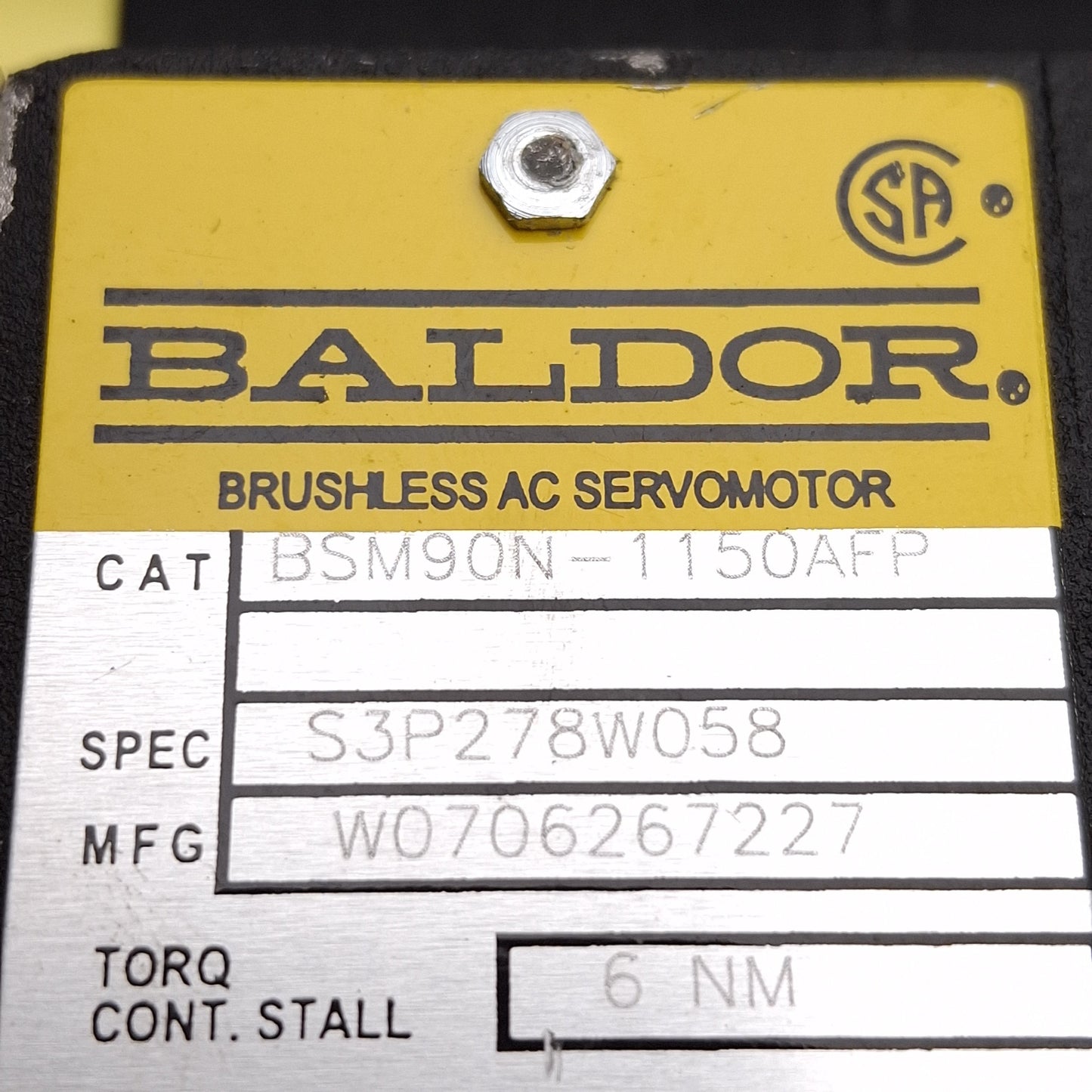 Used Baldor BSM90N-1150AFP Servo Motor, 1kW, 4.03A, 300VDC Bus, 2000rpm, ø24mm Shaft