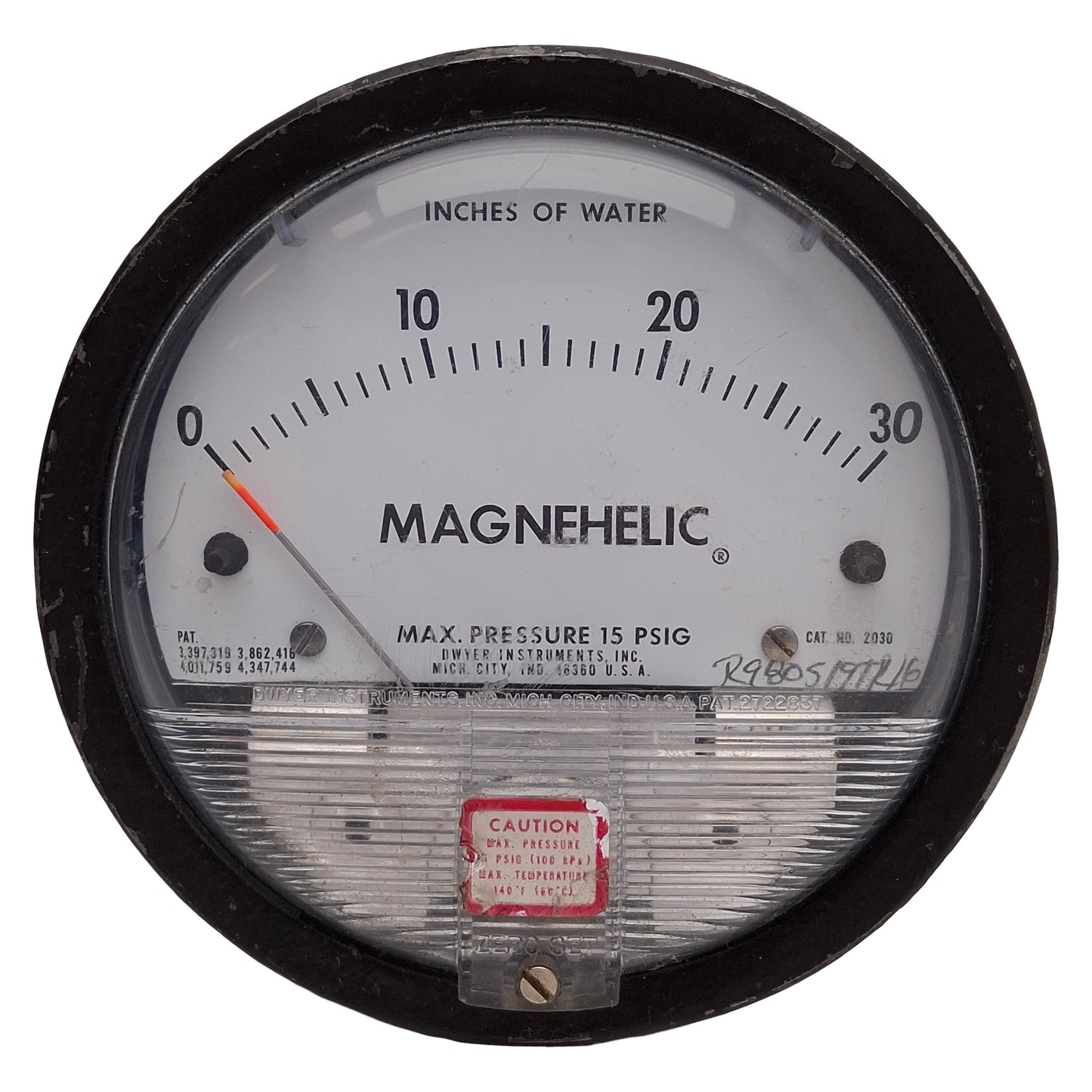 Used Dwyer 2030 Magnehelic Differential Pressure Gauge, 0-30in Water, 15psi, 1/8NPT