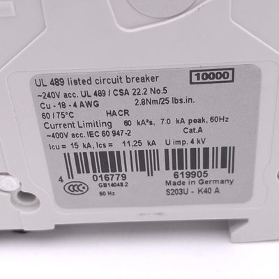 New ABB S203U-K40A Circuit Breaker, 3-Pole 40A, 240VAC Max, DIN Rail Mount