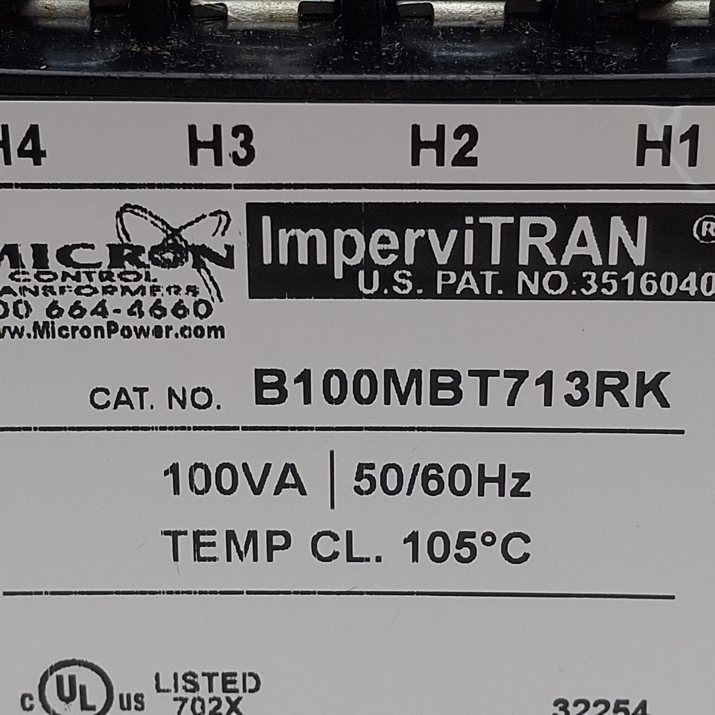 Used Micron B100MBT713RK Control Transformer, 100VA, 208/230/460V Pri, 24/115V Sec