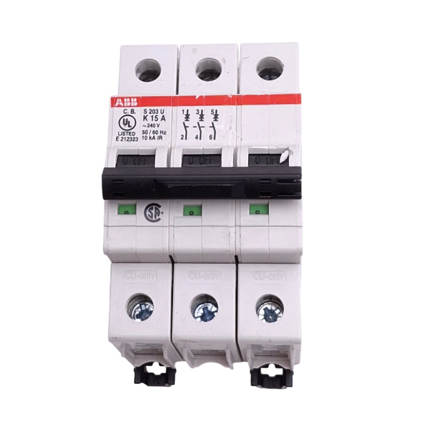 New ABB S203U-K15A Circuit Breaker, 3-Pole 15A, 240VAC Max, DIN Rail Mount