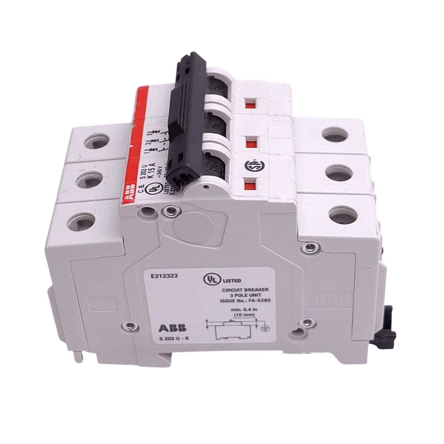 New ABB S203U-K15A Circuit Breaker, 3-Pole 15A, 240VAC Max, DIN Rail Mount