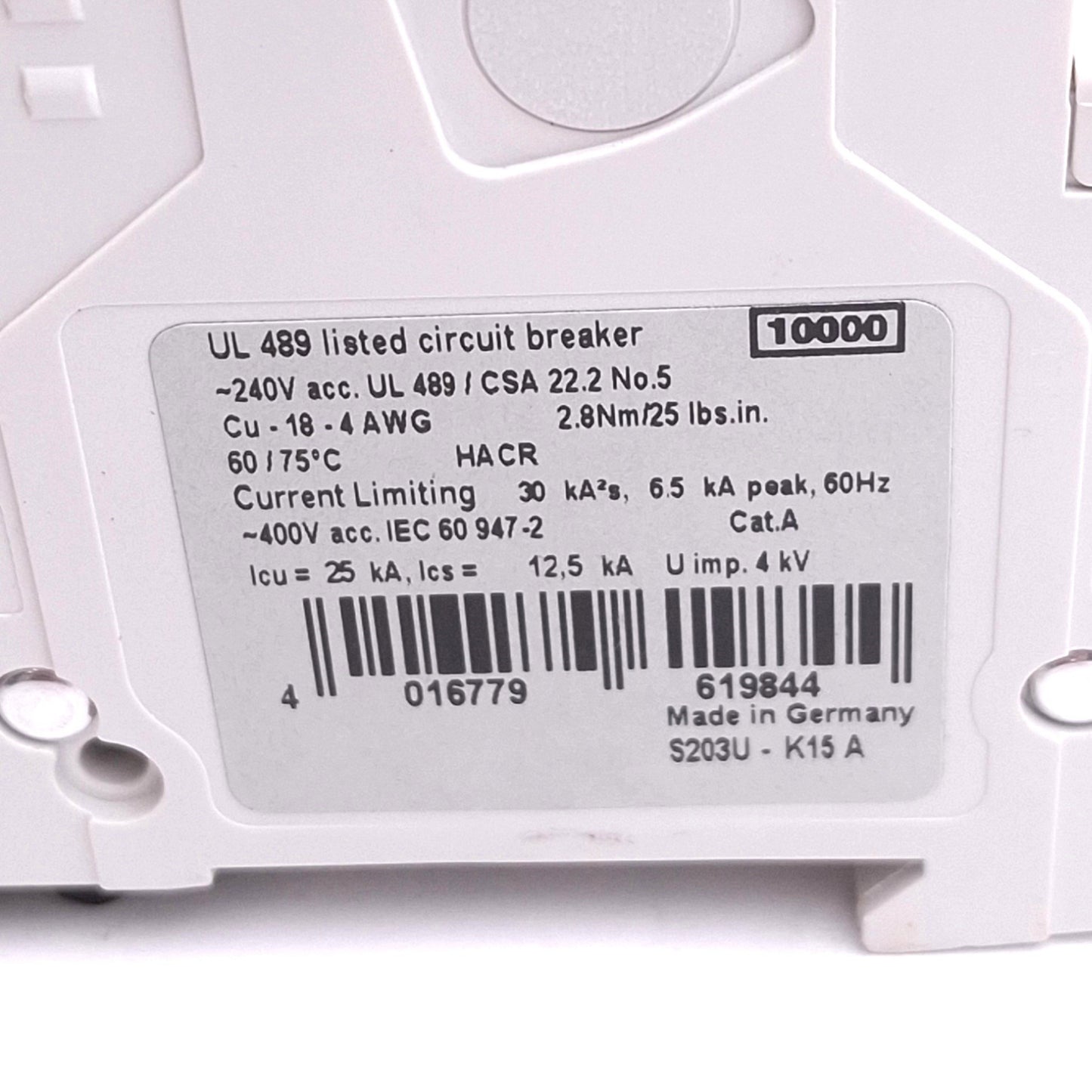 New ABB S203U-K15A Circuit Breaker, 3-Pole 15A, 240VAC Max, DIN Rail Mount
