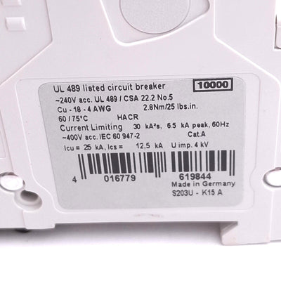 New ABB S203U-K15A Circuit Breaker, 3-Pole 15A, 240VAC Max, DIN Rail Mount