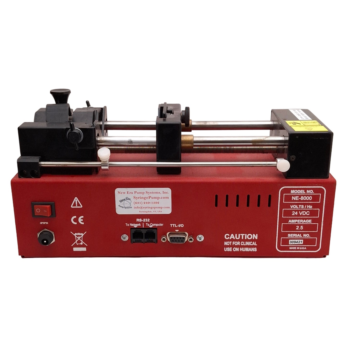 Used New Era NE-8000 Syringe Pump, 20rev/in, 1-Syringe, 140/200mL, RS-232, 24VDC 2.5A