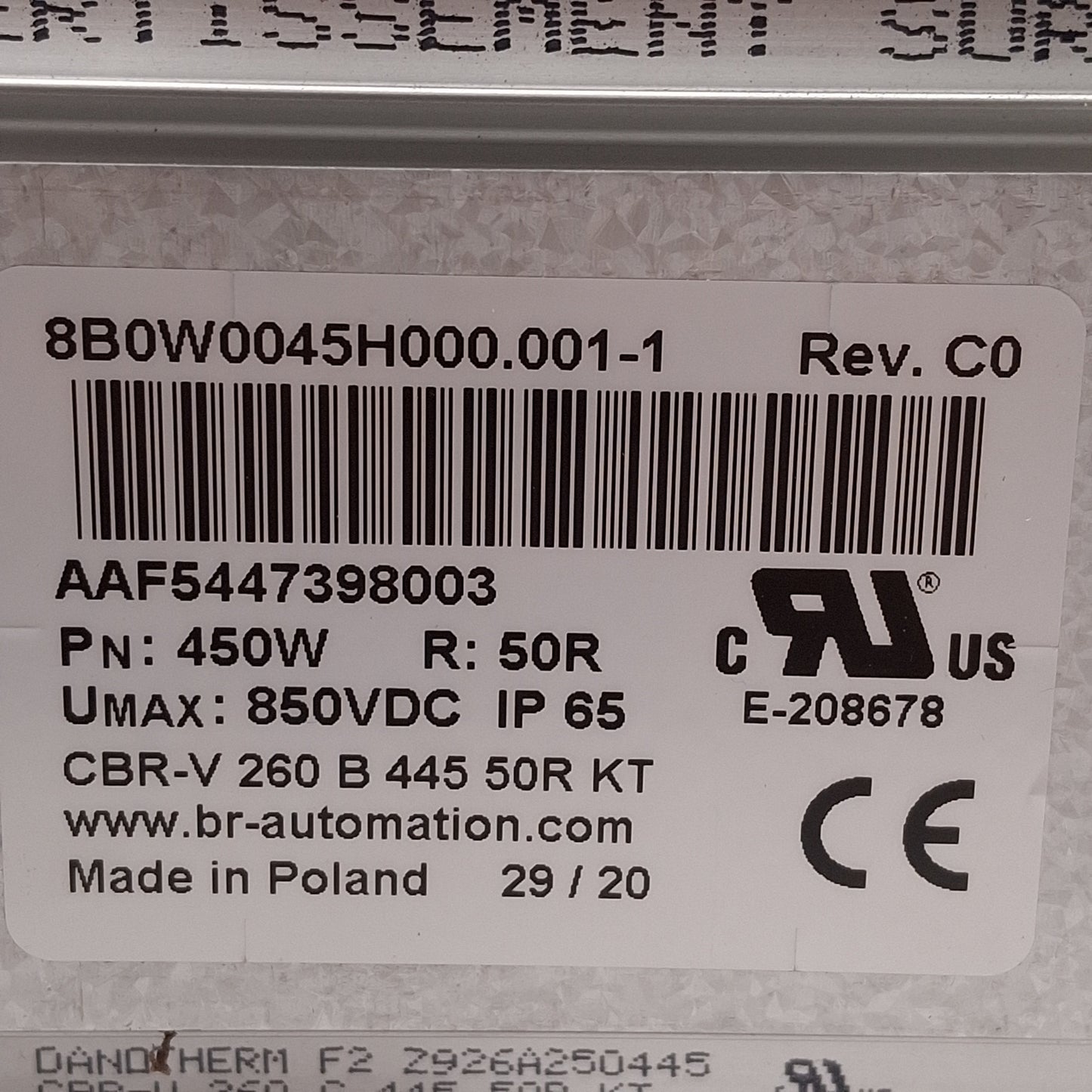 Used B&R 8B0W0045H000.001-1 Intrinsically Safe Braking Resistor, 450W, 50Ω, 850VDC