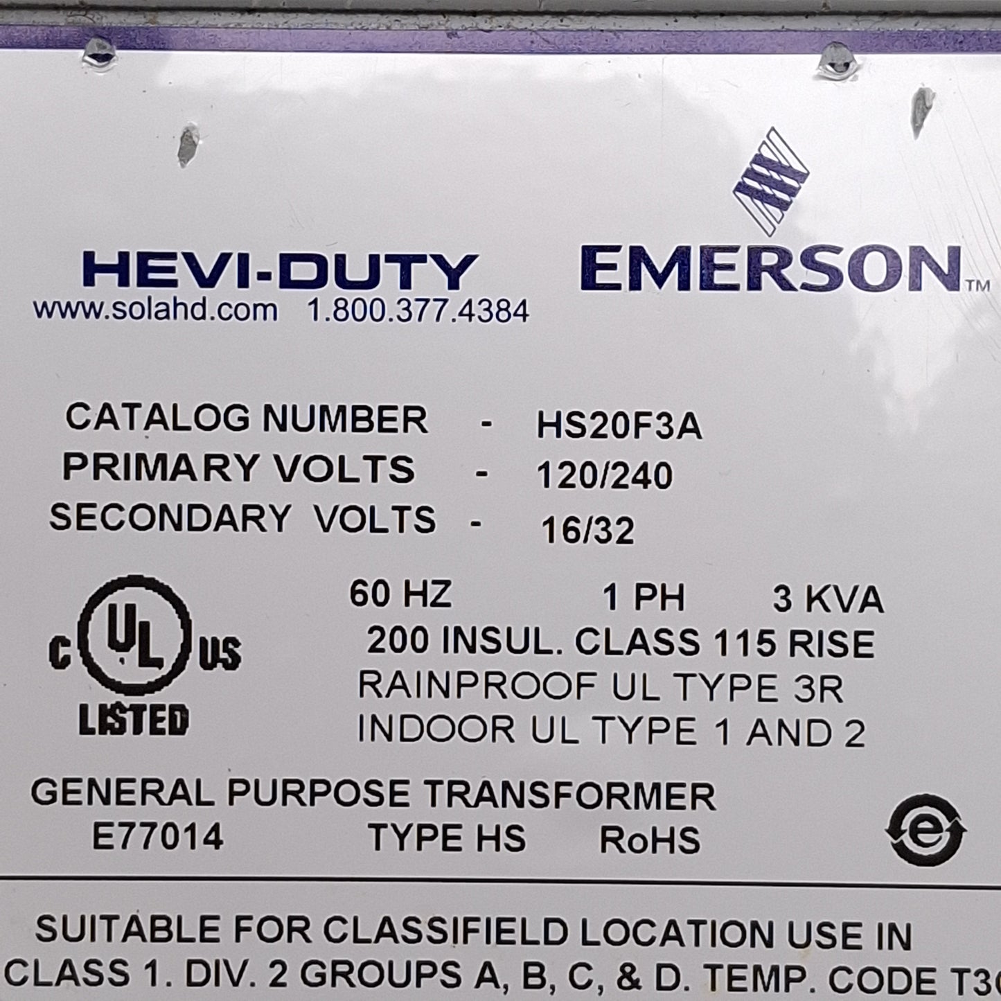 Used Emerson HS20F3A Hevi-Duty Buck-Boost Transformer 3kVA, 120/240V Prim, 16/32V Sec