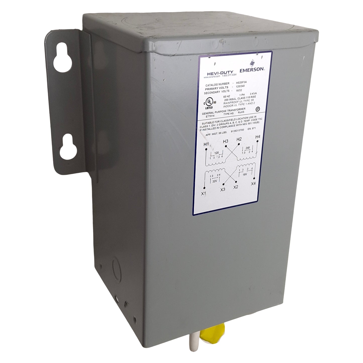 Used Emerson HS20F3A Hevi-Duty Buck-Boost Transformer 3kVA, 120/240V Prim, 16/32V Sec