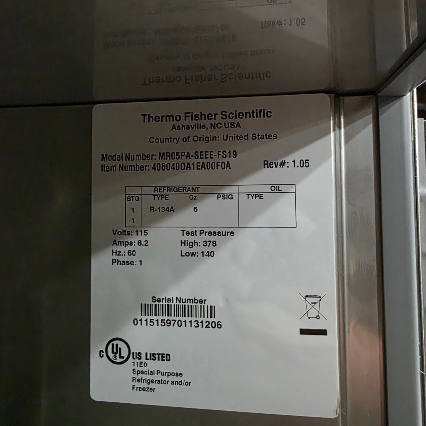 Used Thermo Fisher Scientific MR05PA-SEEE-FS19 Undercounter Refrigerator 5.4CuFt 115V