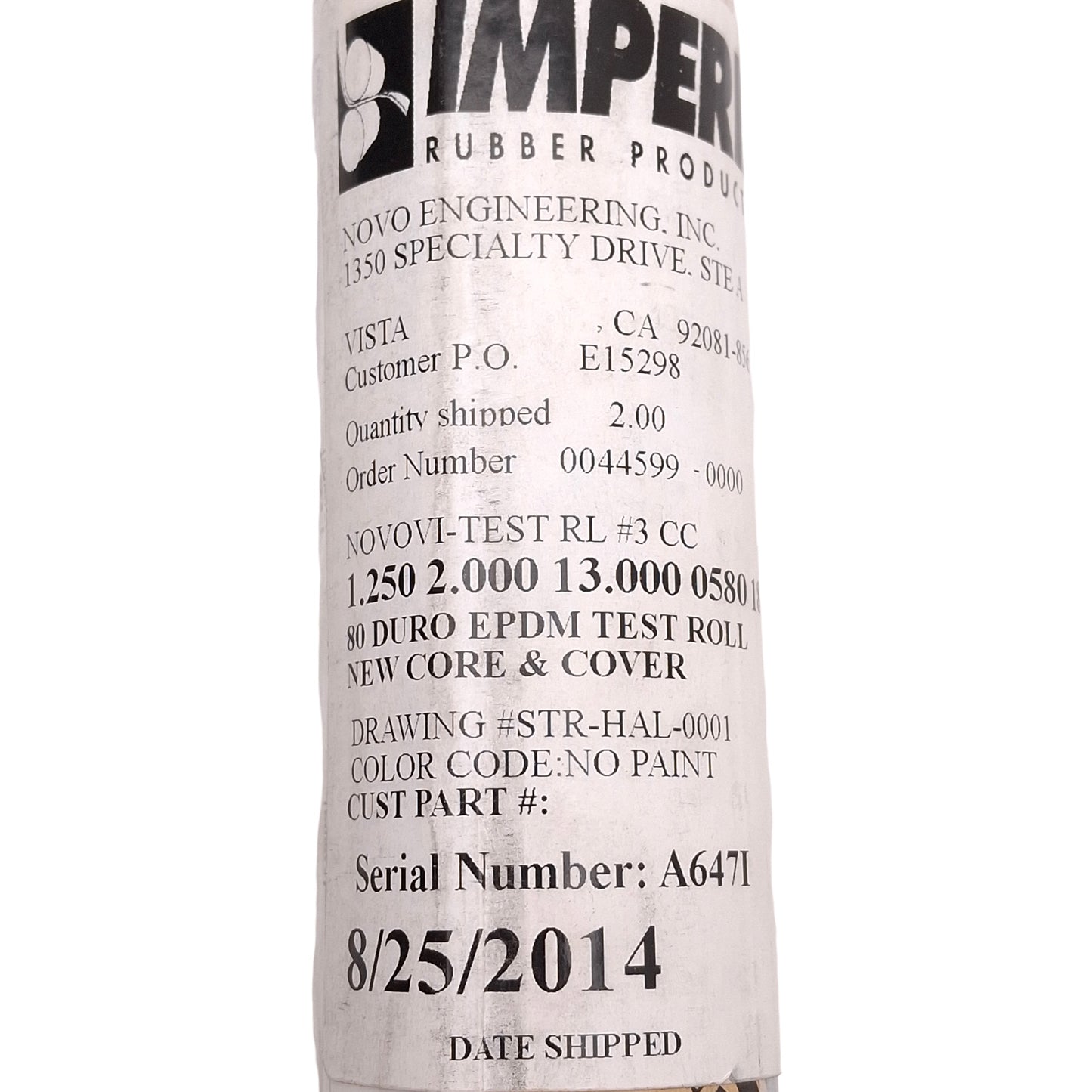 Used Imperial Rubber Products 80 Duro EDPM Test Roll, ø2in x 13in Roll, 18in Length