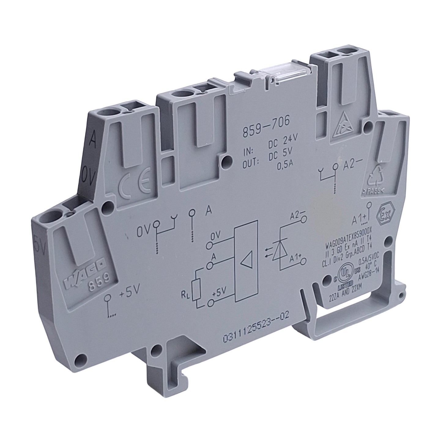 Used Wago 859-706 Optocoupler Module 24V DC Input, 0.5A, 5V DC Output, SPST-NO