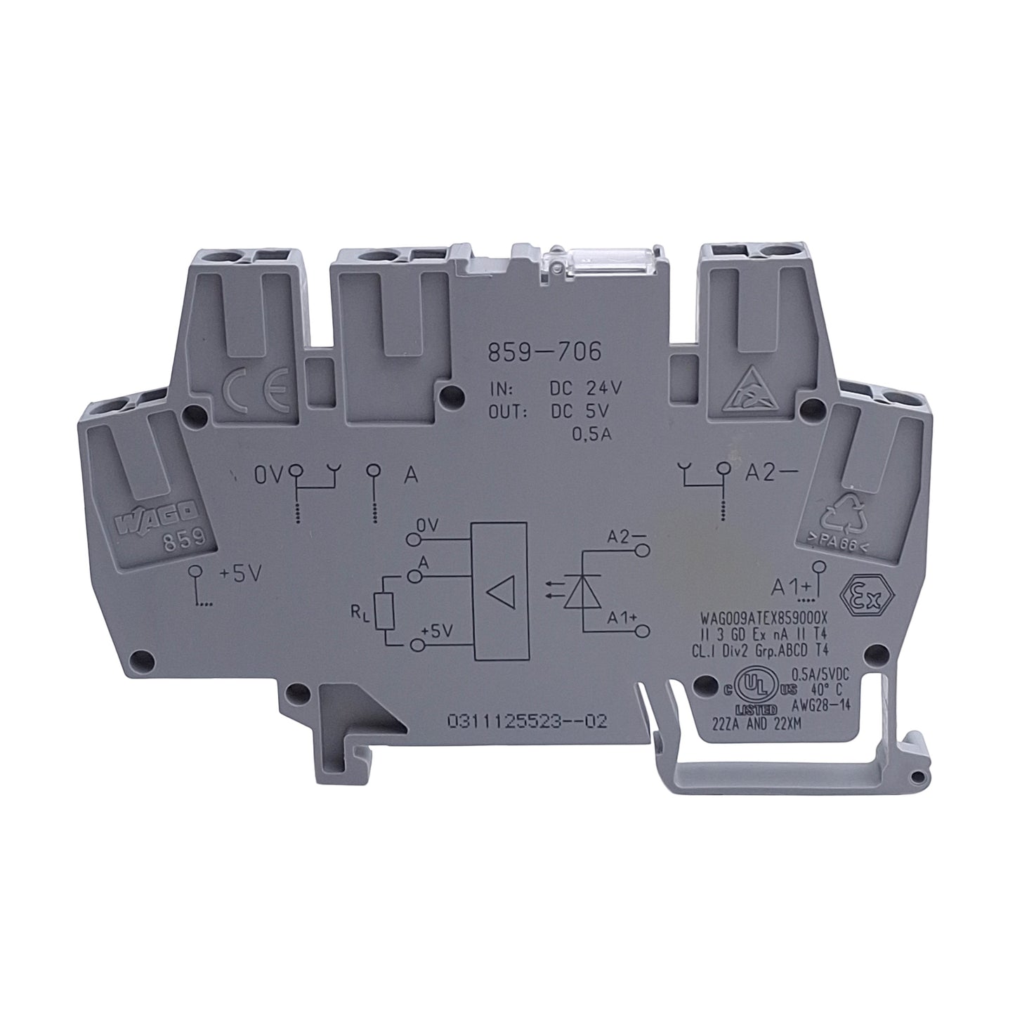 Used Wago 859-706 Optocoupler Module 24V DC Input, 0.5A, 5V DC Output, SPST-NO