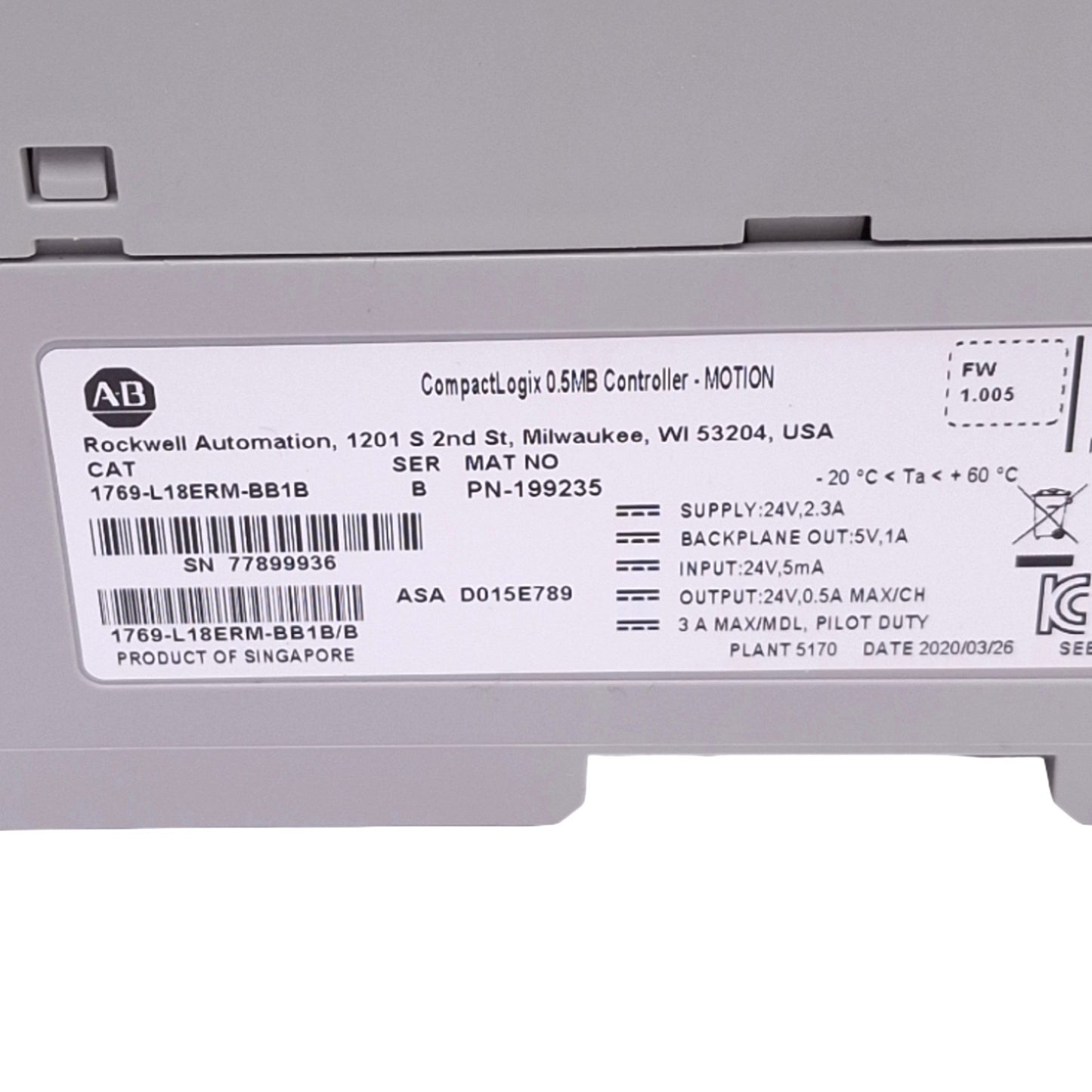 Used Allen Bradley 1769-L18ERM-BB1B B CompactLogix Controller, 16DI 16DO, 24VDC