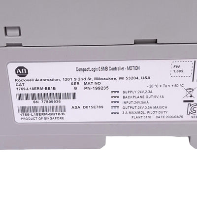 Used Allen Bradley 1769-L18ERM-BB1B B CompactLogix Controller, 16DI 16DO, 24VDC
