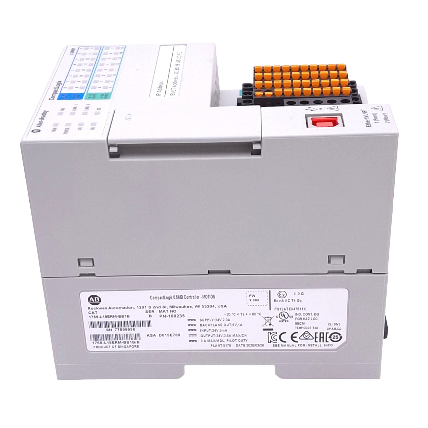 Used Allen Bradley 1769-L18ERM-BB1B B CompactLogix Controller, 16DI 16DO, 24VDC