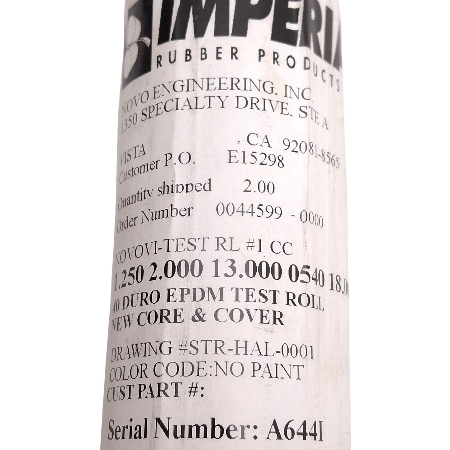 Used Imperial Rubber Products 40 Duro EDPM Test Roll, ø2in x 13in Roll, 18in Length