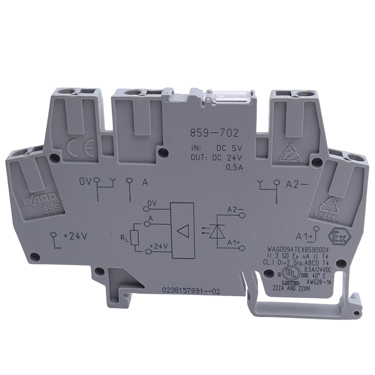 New – Open box Wago 859-702 Optocoupler Module 5V DC Input, 0.5A, 0-24V DC Out, SPST-NO
