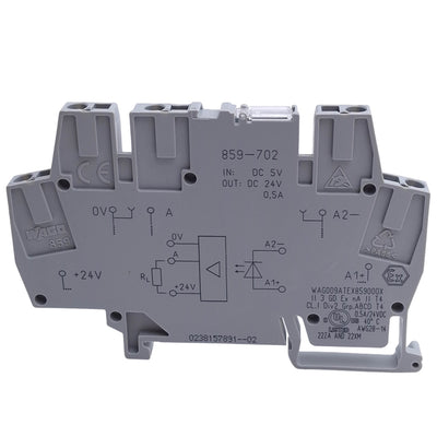 New – Open box Wago 859-702 Optocoupler Module 5V DC Input, 0.5A, 0-24V DC Out, SPST-NO