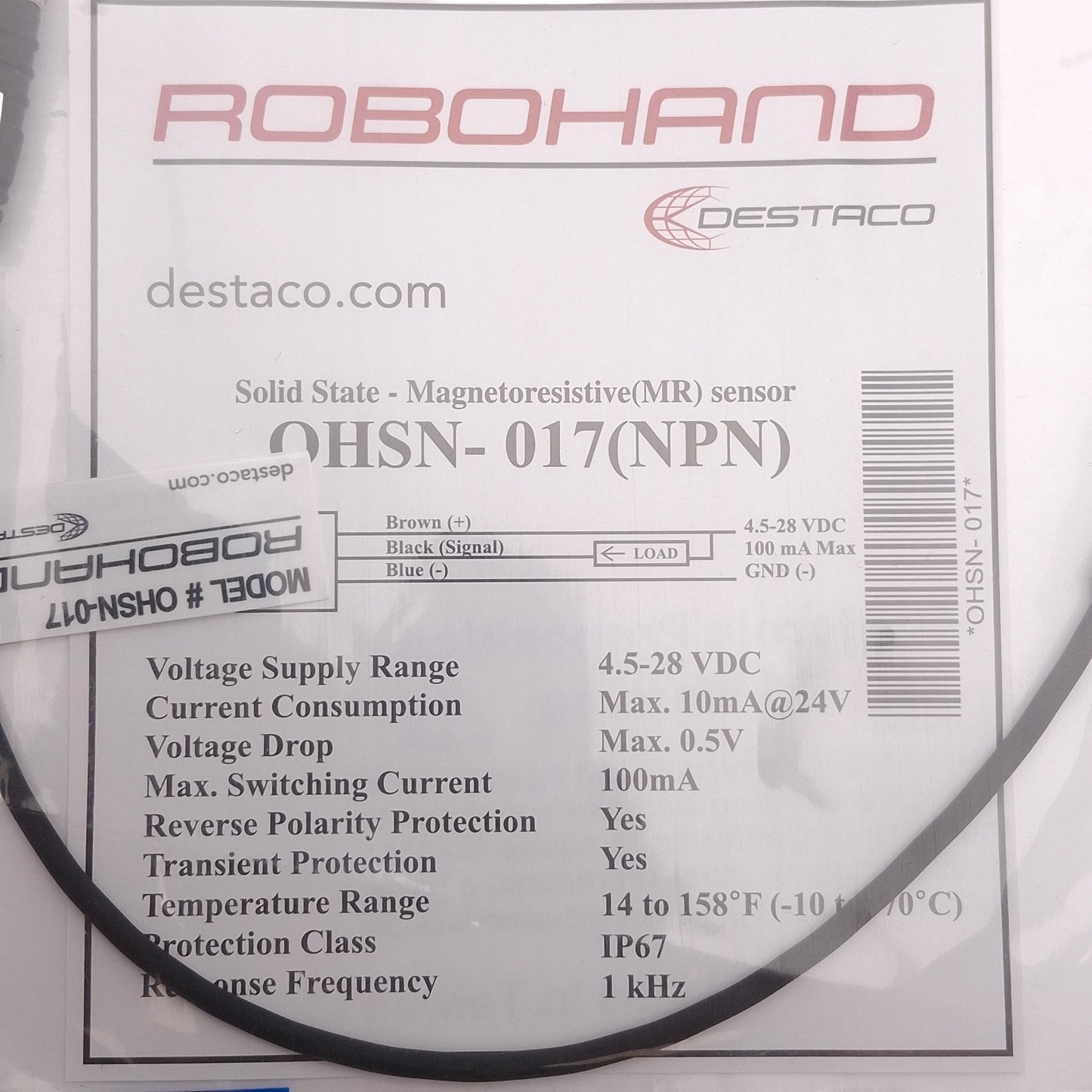 New Destaco Robohand OHSN-017 Solid State Sensor, NPN, 4.5-28VDC, M8 3-Pin Male